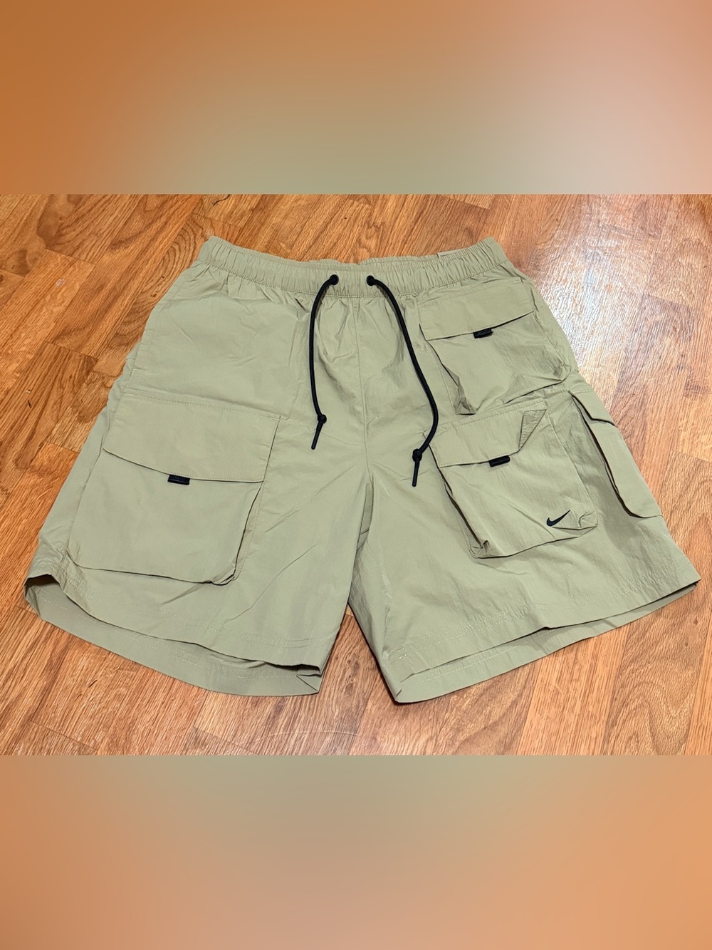 Nike Men's Green Cargo Shorts with Black Drawstring